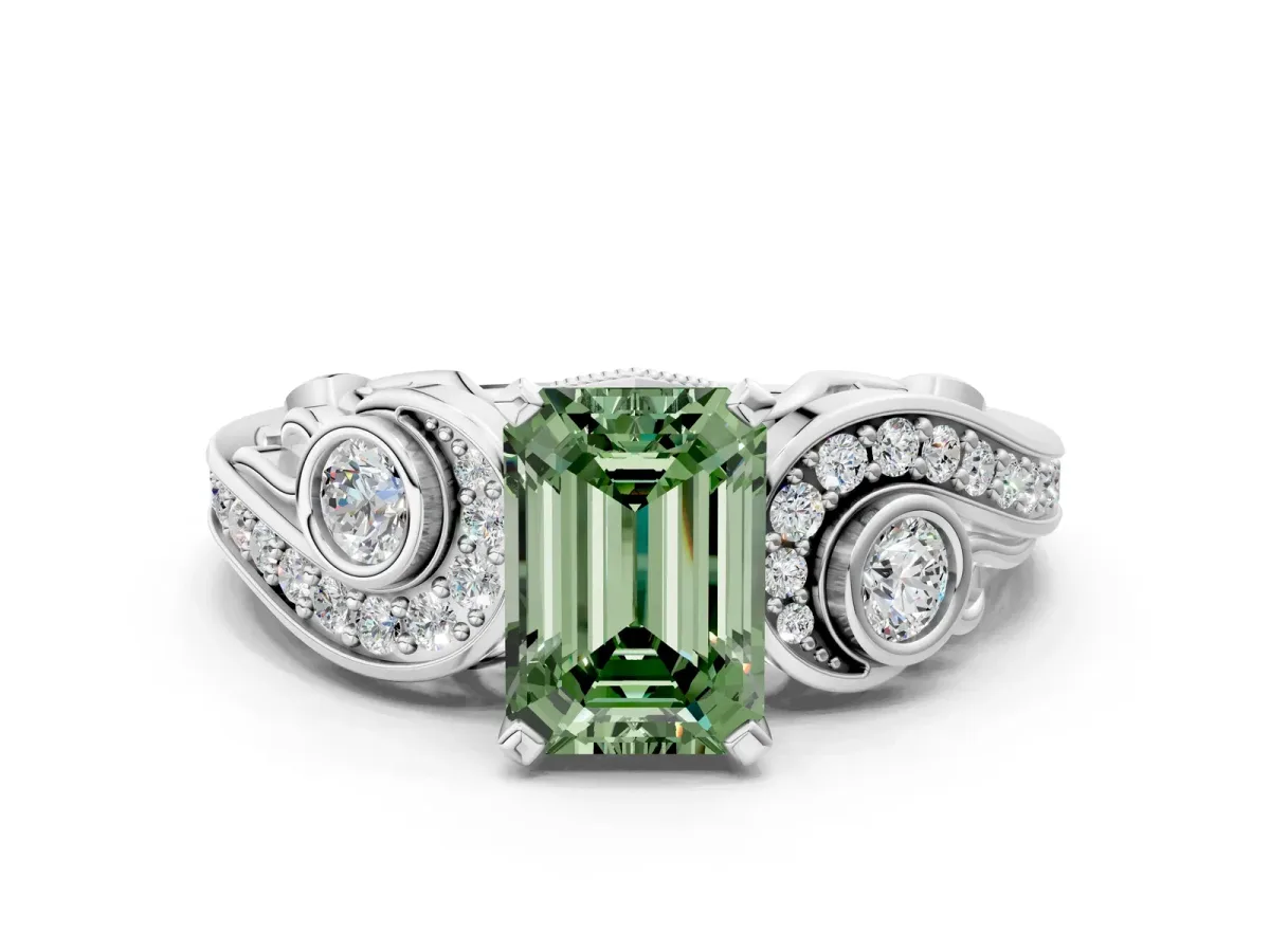 Fancy Green Emerald Cut Diamond Solitaire Ring with Milgrain Pavé Band and Four-Prong Setting Silver