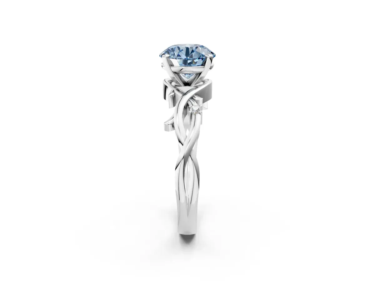 Fancy Blue Round Cut Diamond Solitaire Ring with Twisted Band and Prong Setting White gold