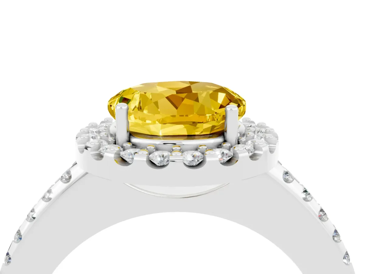 Round Cut Yellow Sapphire Pavé Halo Ring with Four-Prong Setting Platinum