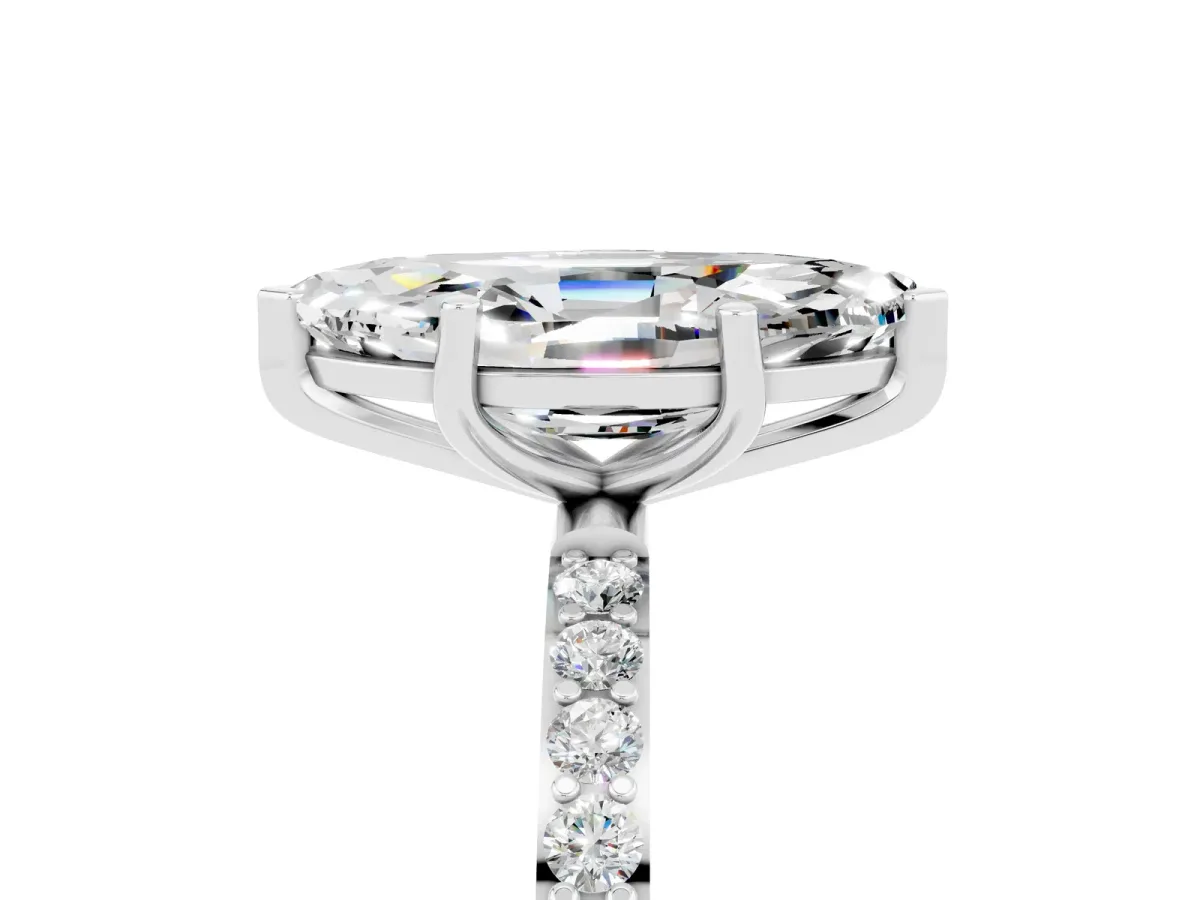 Marquise Cut Moissanite Solitaire Ring with Round Pavé Band and Prong Setting Silver