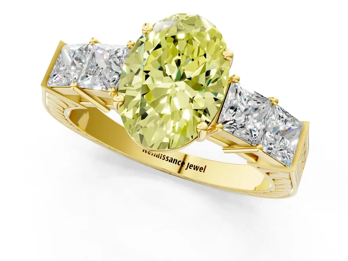 Fancy Yellow Oval Cut Solitaire Princess Side Stone Engraved Band Prong Setting Ring Yellow gold