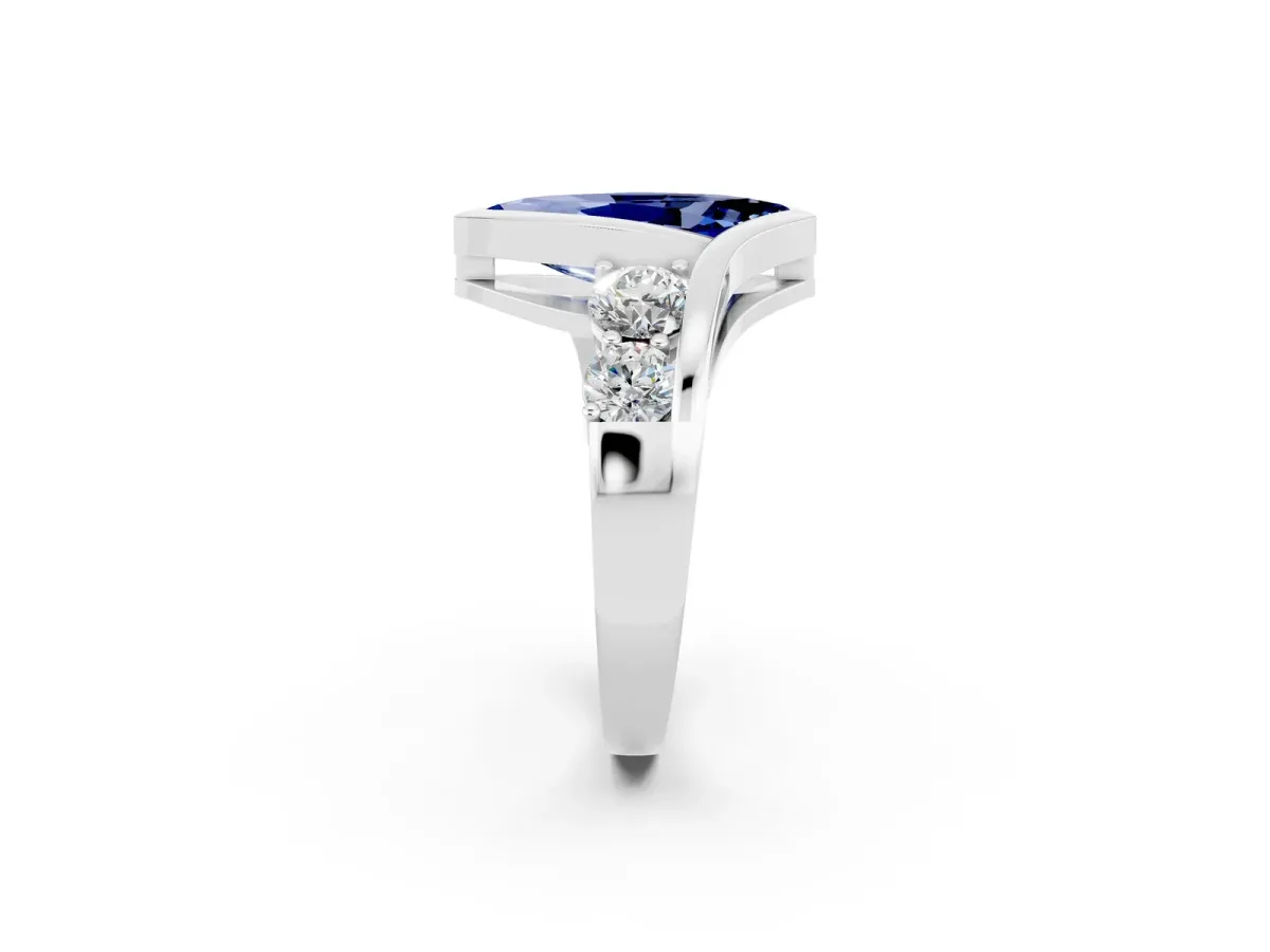 Bezel Set Marquise Cut Blue Sapphire Bypass Ring with Round Accents Silver