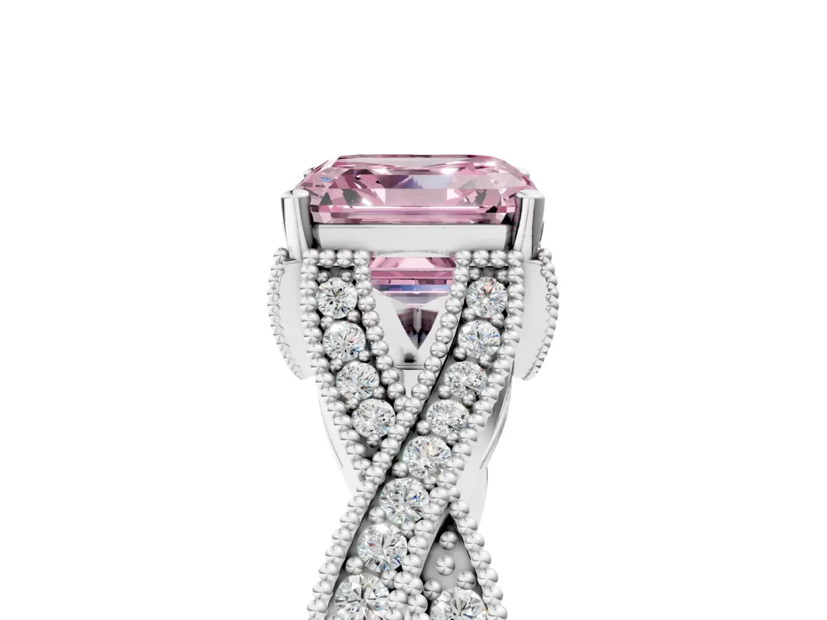 Fancy Pink Asscher Cut Cut Diamond Twisted Band with Milgrain Pave Setting and Four-Prong Setting Platinum