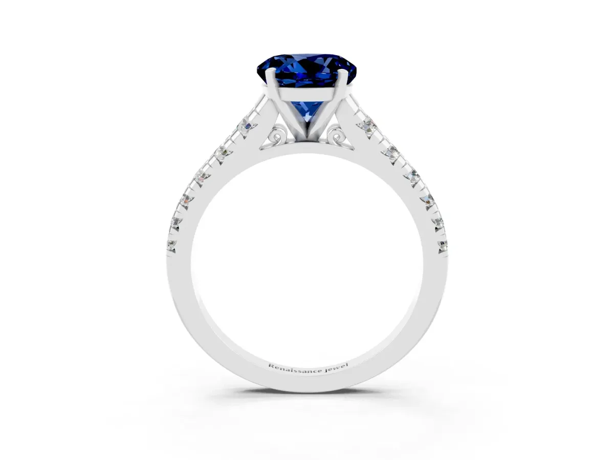 Round Cut Blue Sapphire Cathedral Solitaire Ring with Round Pavé Band Silver