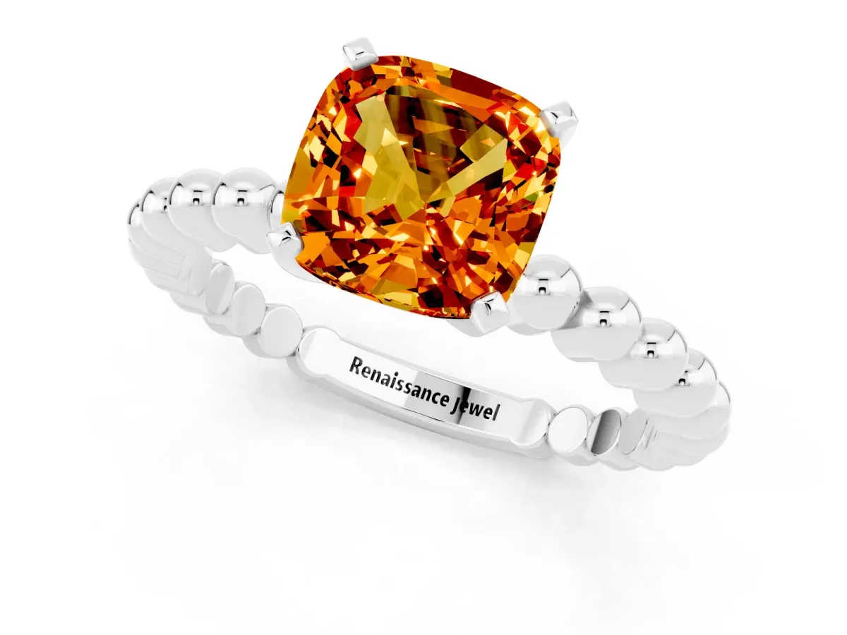 Cushion Cut Citrine Solitaire Ring with Beaded Band and Prong Setting Platinum