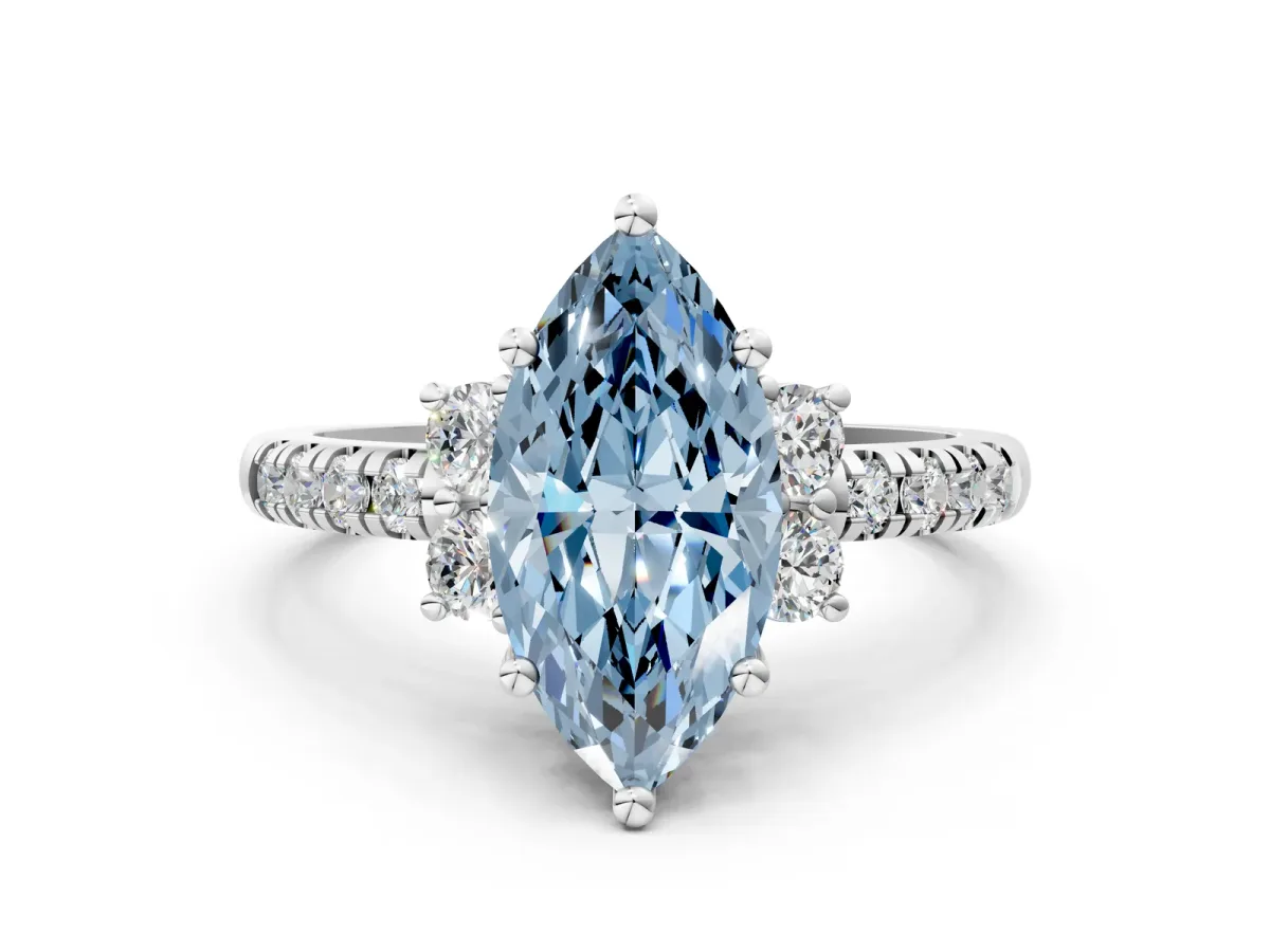 Fancy Blue Marquise Cut Diamond Three-Stone Pave Band with Four-Prong Setting Silver