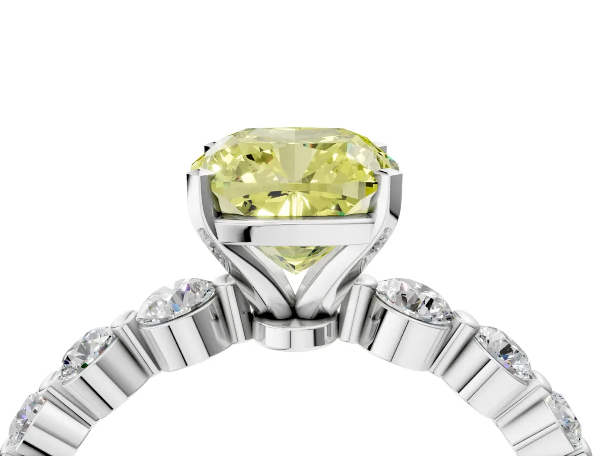 Fancy Yellow Cushion Cut Solitaire Diamond Ring with Pave Band and Four-Prong Setting Silver