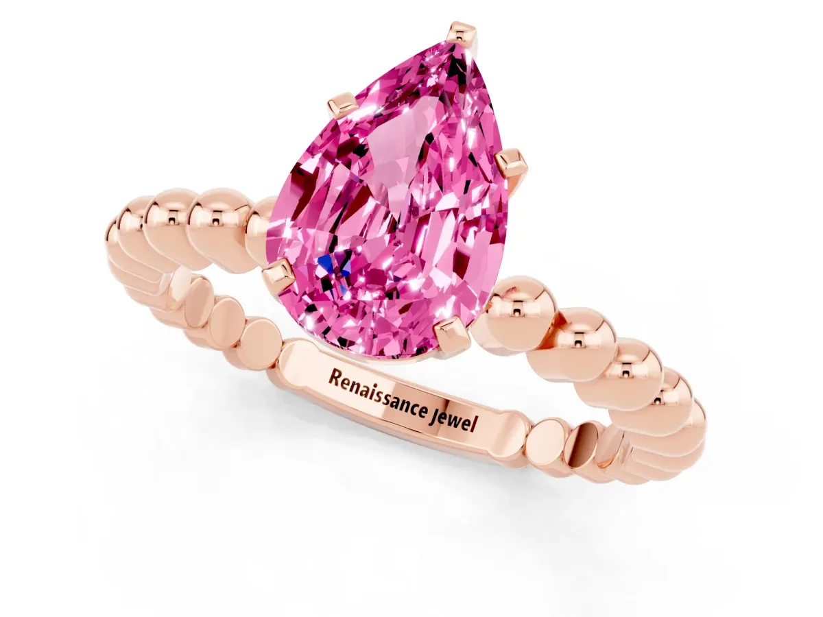 Pear Cut Pink Sapphire Solitaire Ring with Beaded Band and Prong Setting Rose gold