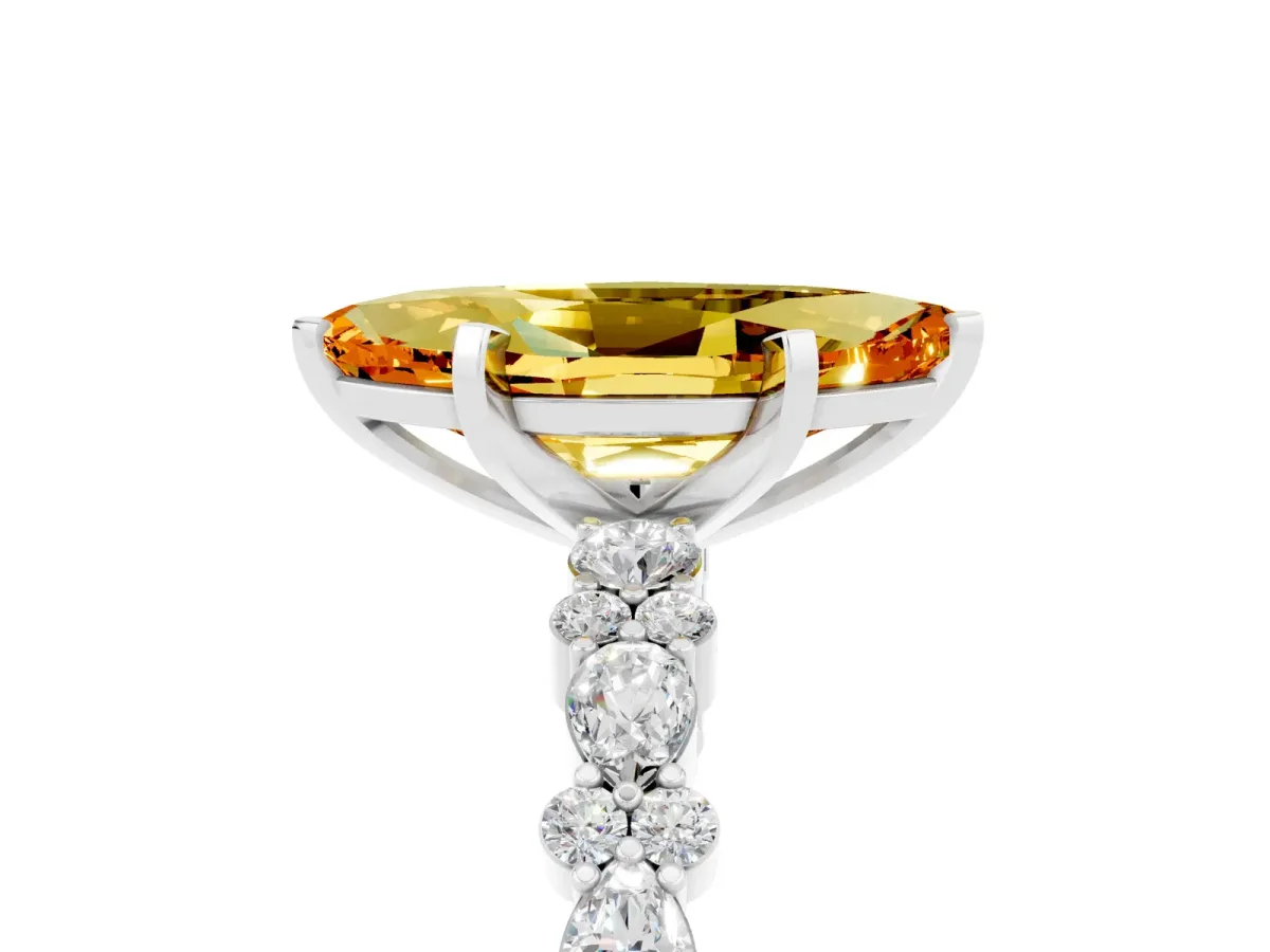 Marquise Cut Citrine Side Stone Solitaire Ring with Round and Four-Prong Setting Platinum