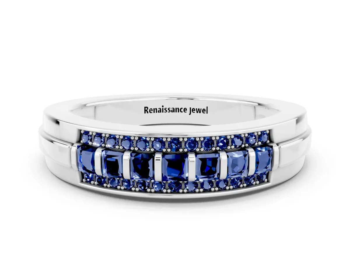 Bar-Set Princess Cut Blue Sapphire Pavé Band Silver