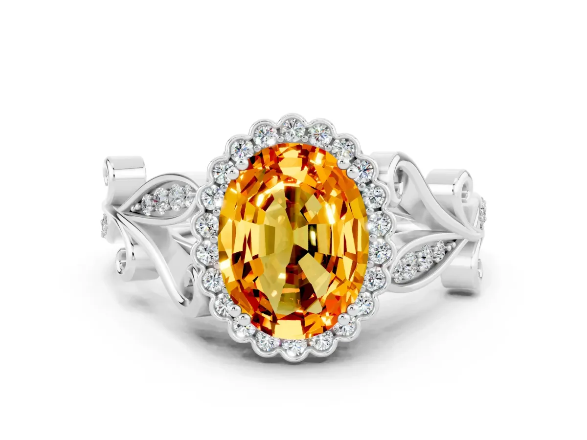 Oval Cut Citrine Halo Ring with Vintage Split Shank and Four-Prong Setting Silver