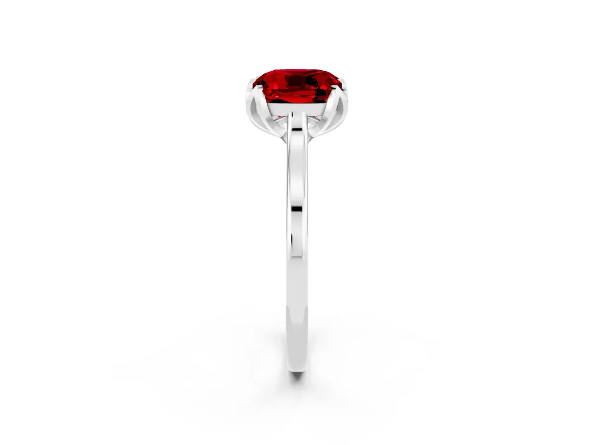 Cushion Cut Ruby Solitaire Ring with Flower Prong Setting and Classic Band White gold