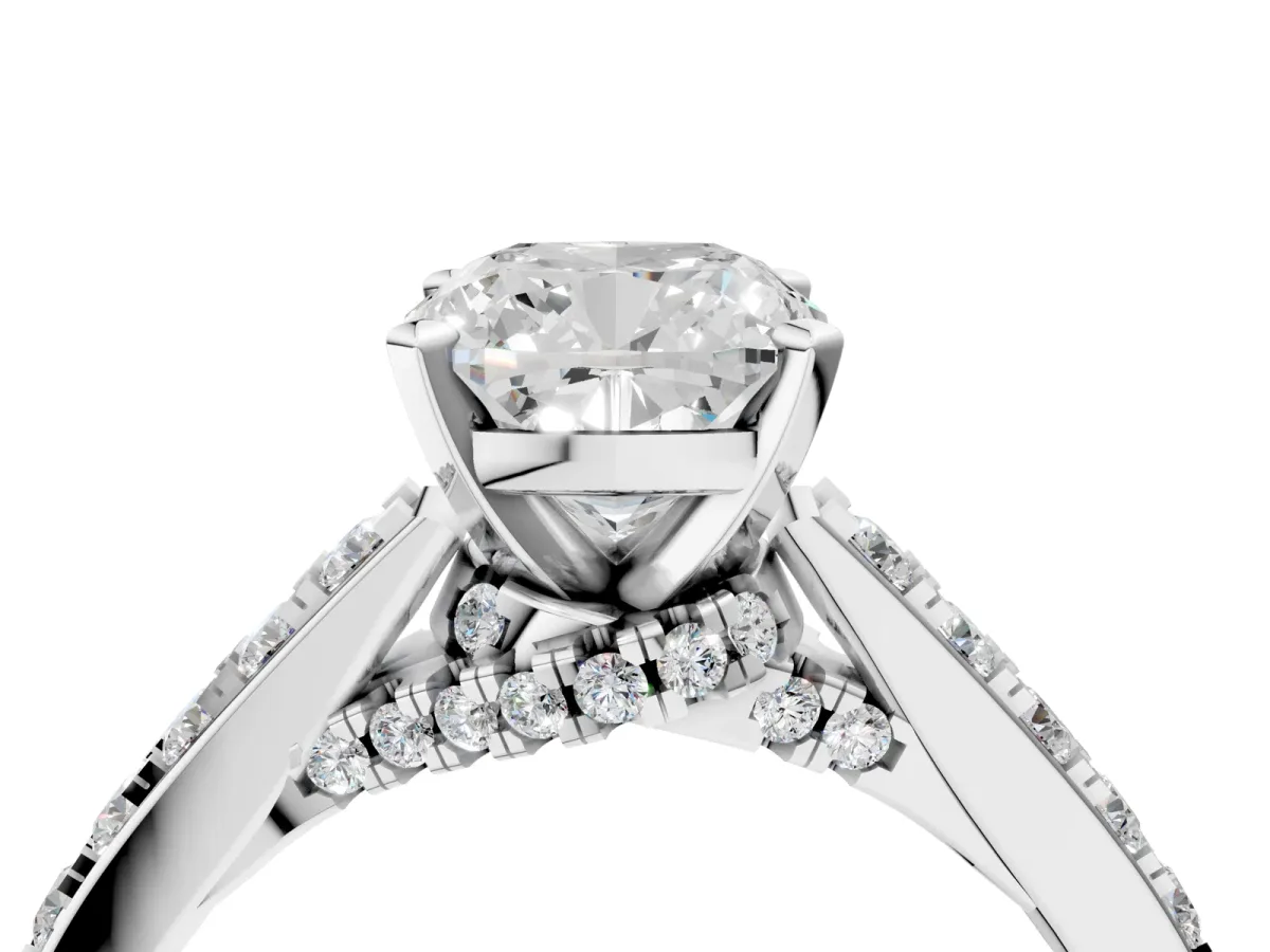 Cushion Cut Diamond Solitaire Ring with Crossover Gallery and Round Pavé Band Silver