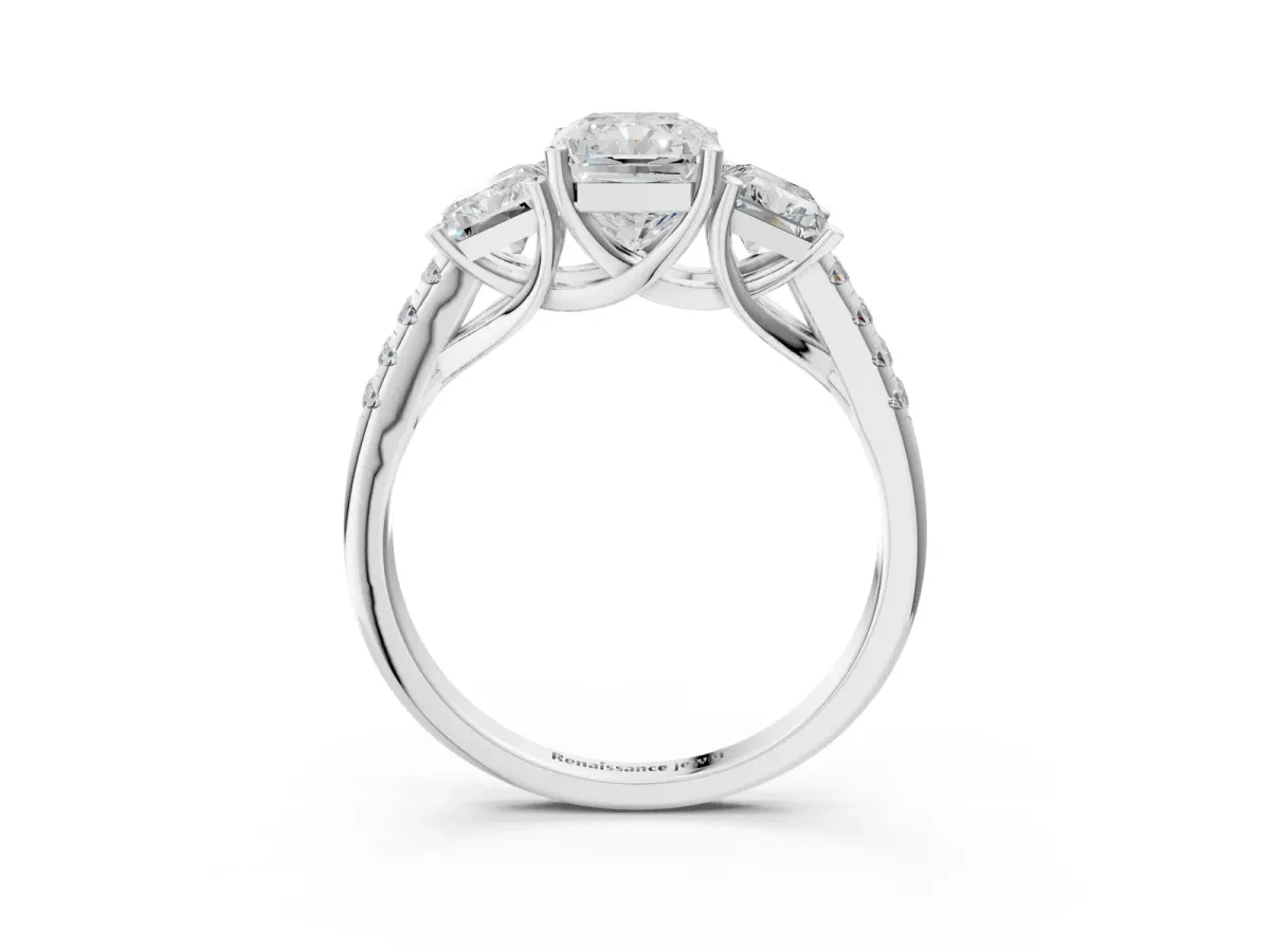 Three-Stone Radiant Cut Diamond Ring with Round Moissanite Pavé Band and Prong Setting Silver
