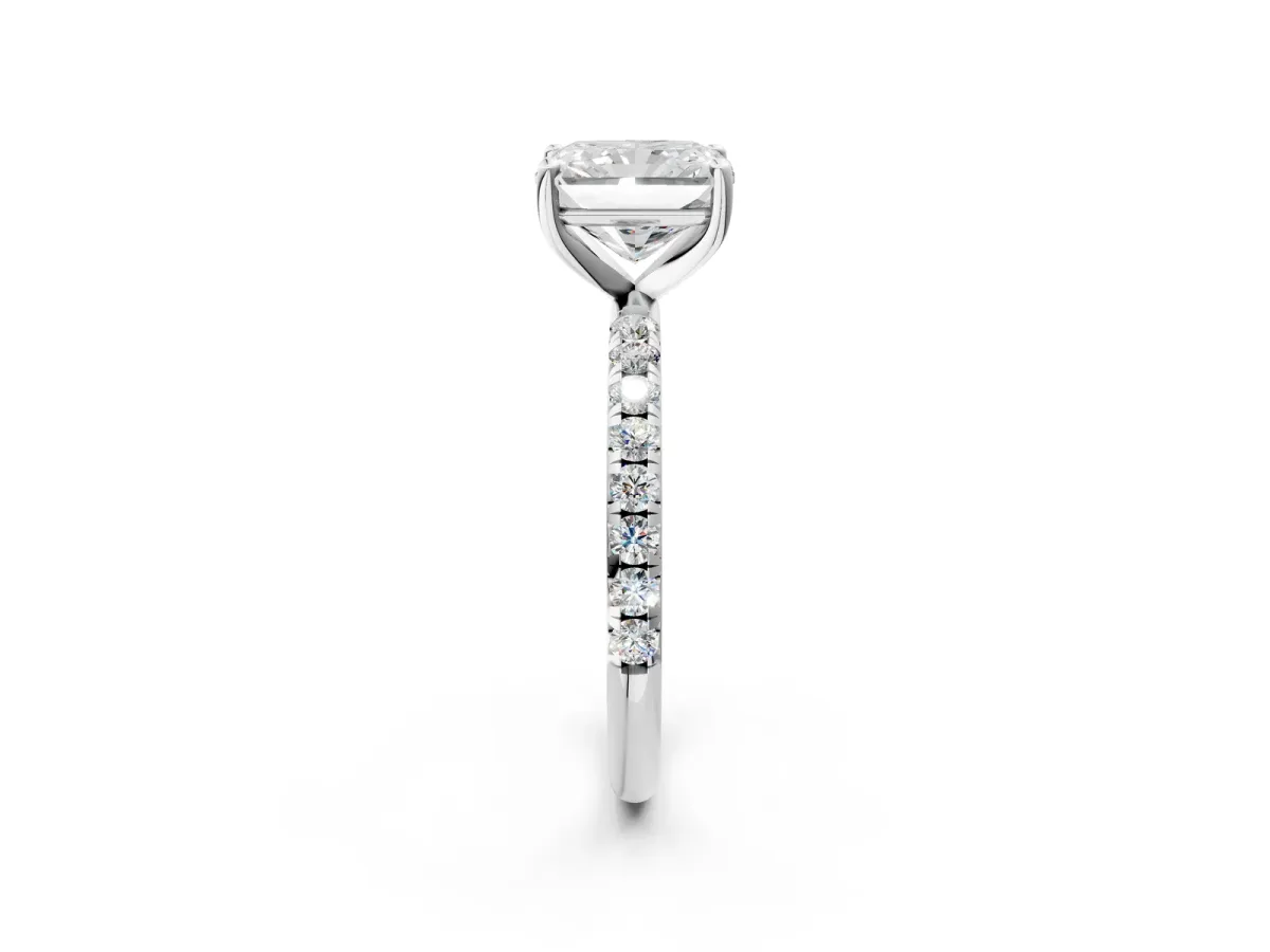 Radiant Cut Cut Diamond Solitaire Ring with Micro Pave Band and Four Prong Setting Platinum