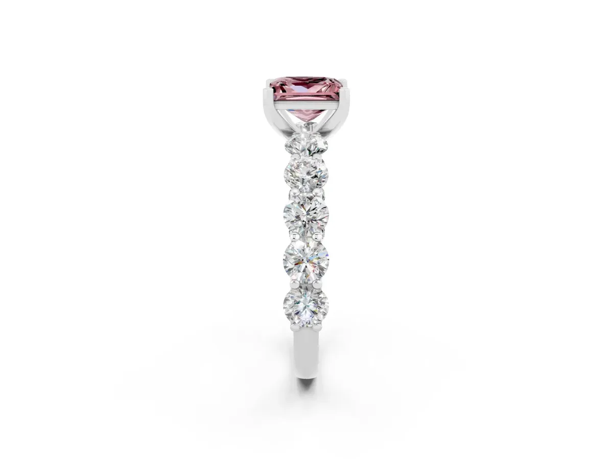 Princess Cut Morganite Prong Setting with Side Stones on a Pave Band Silver