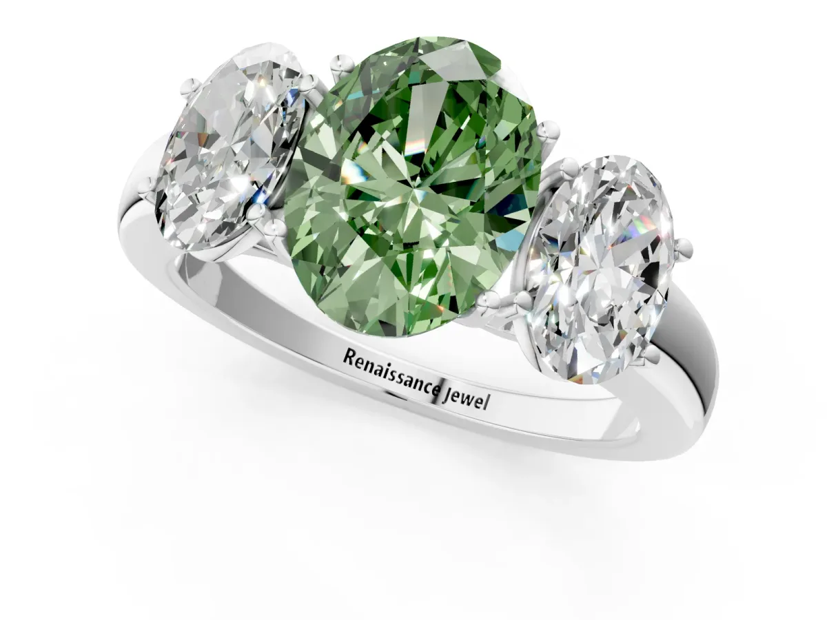 Fancy Green Oval Cut Diamond Three-Stone Ring with Four-Prong Setting and Classic Band White gold