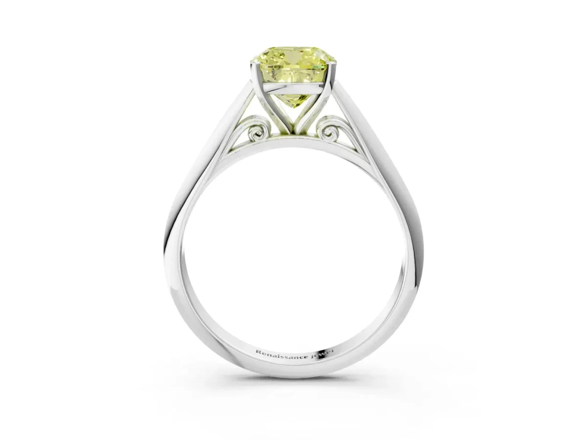 Fancy Yellow Cushion Cut Diamond Solitaire Engagement Ring with Cathedral Setting and Four-Prong Mount Silver