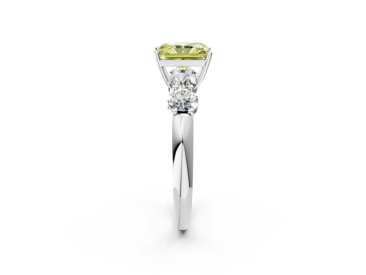 Fancy Yellow Radiant Cut Cut Five-Stone Prong Set Diamond Ring with Classic Band Platinum