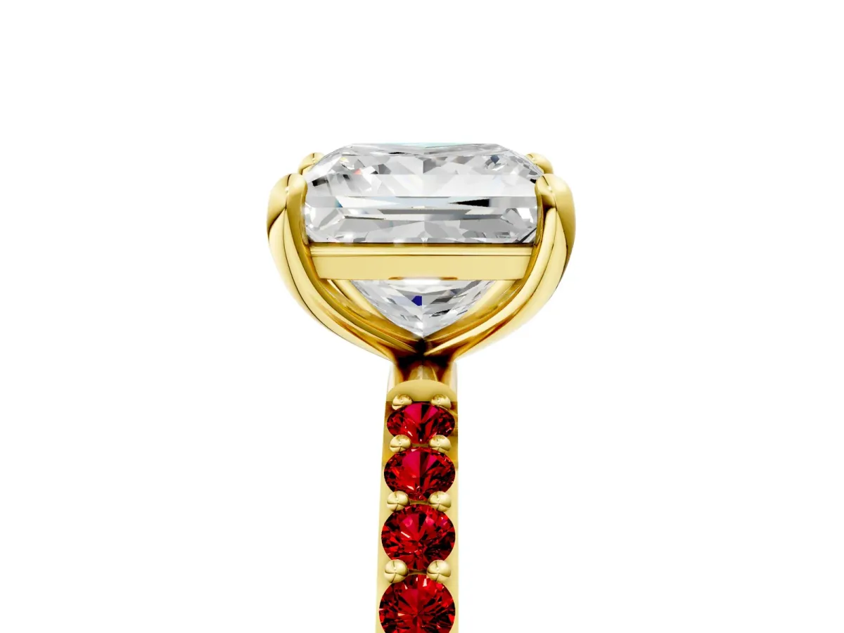 Princess Cut Diamond Solitaire Ring with Round Ruby Pavé Band and Prong Setting Yellow gold