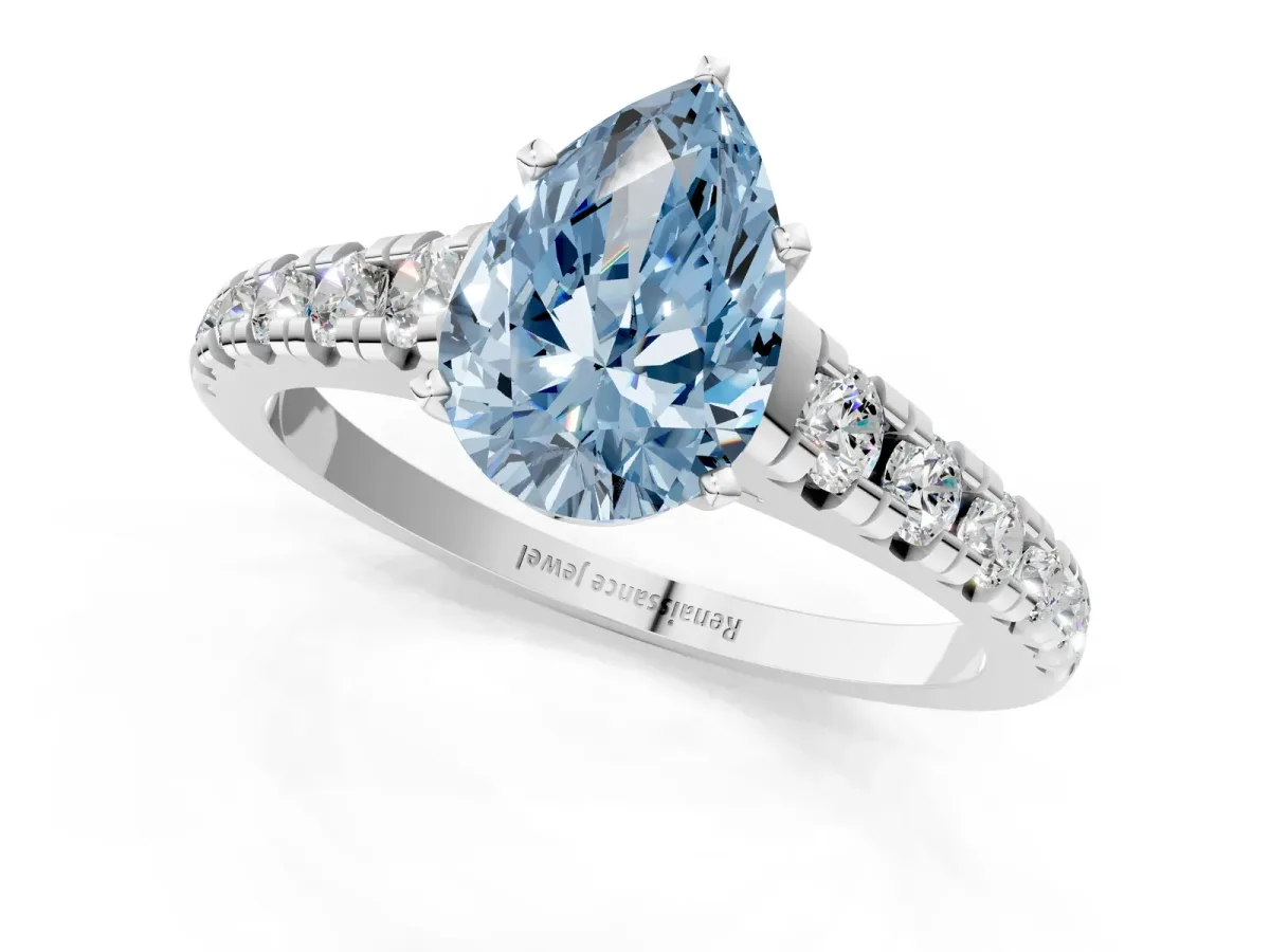 Fancy Blue Pear Cut Diamond Cathedral Solitaire Ring with Round Pavé Band Platinum