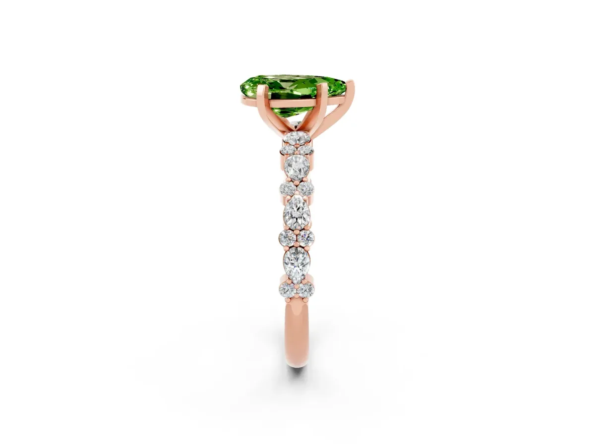Pear Cut Peridot Side Stone Solitaire Ring with Round and Four-Prong Setting Rose gold