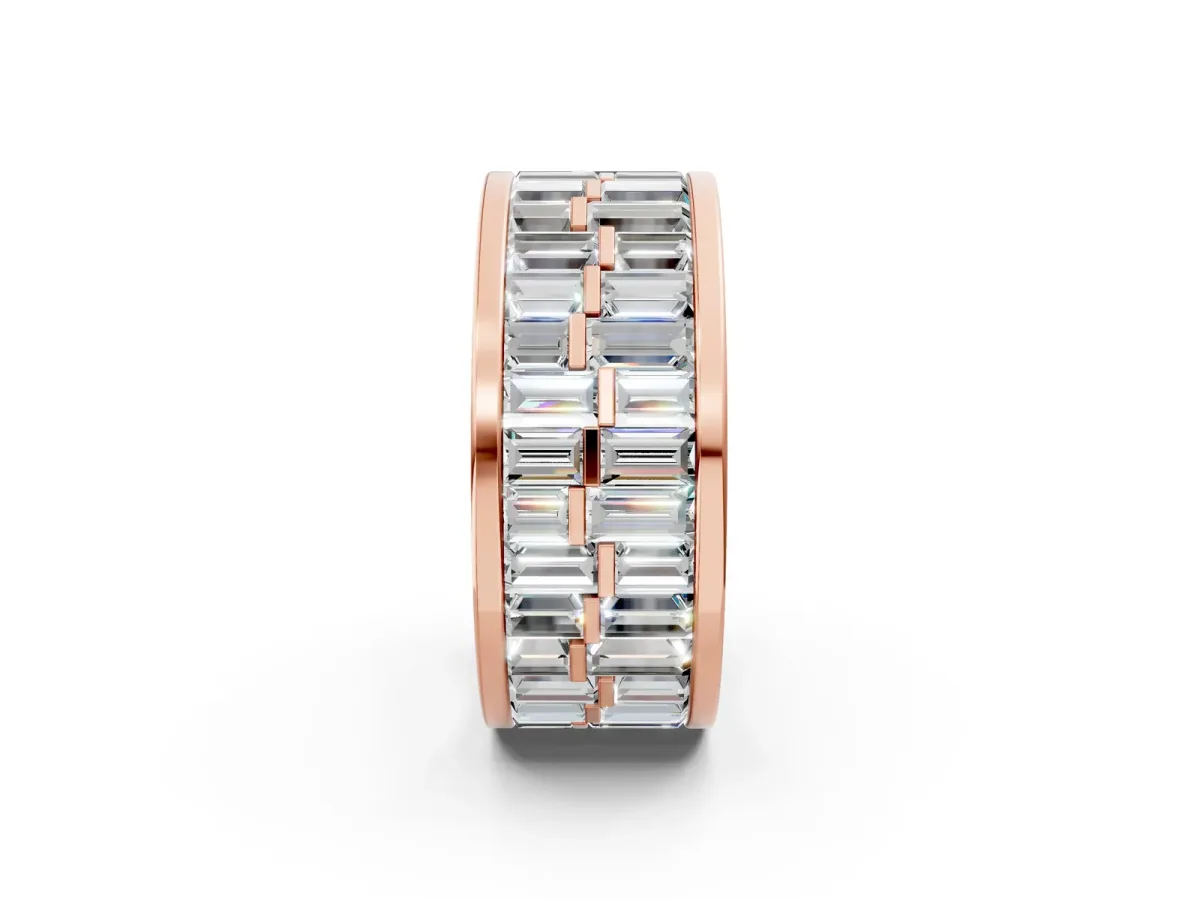 Baguette Diamond Staggered Two-Row Mens Band Rose gold