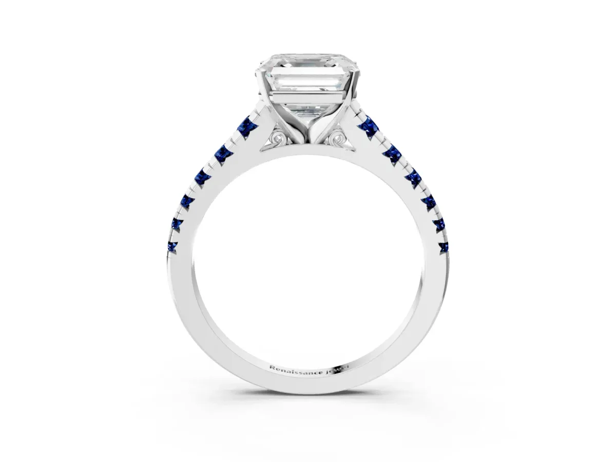 Asscher Cut Diamond Cathedral Solitaire Ring with Round Blue Sapphire Pavé Band Silver