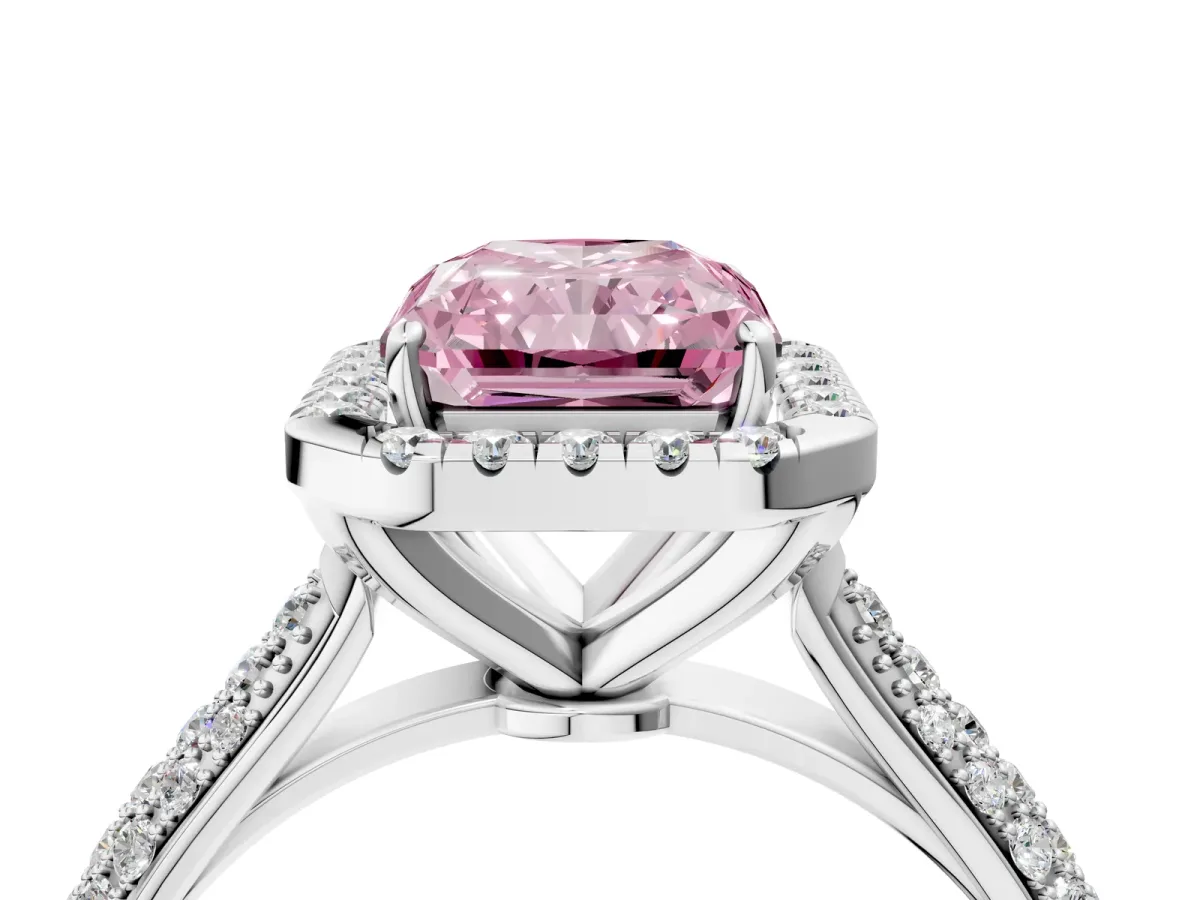 Fancy Pink Radiant Cut Cut Halo Pave Band Four-Prong Setting Ring Platinum