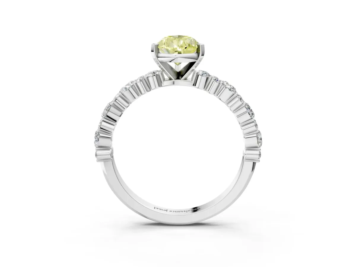 Fancy Yellow Pear Cut Diamond Side Stone Solitaire Ring with Round and Four-Prong Setting White gold
