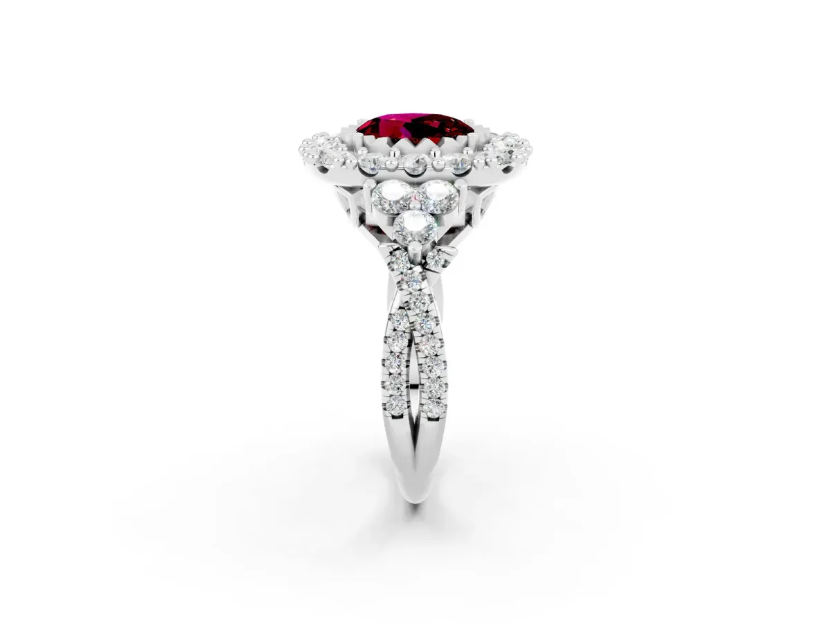 Round Cut Garnet Halo Ring with Pavé Band and Four-Prong Setting Silver