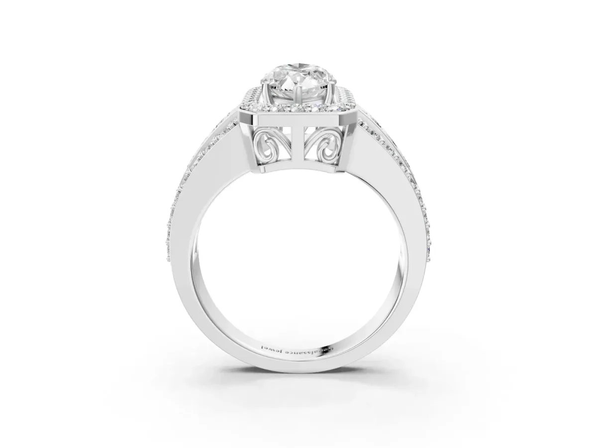 Marquise Cut Halo Diamond Ring with Round Moissanite Split Shank and Prong Setting Silver