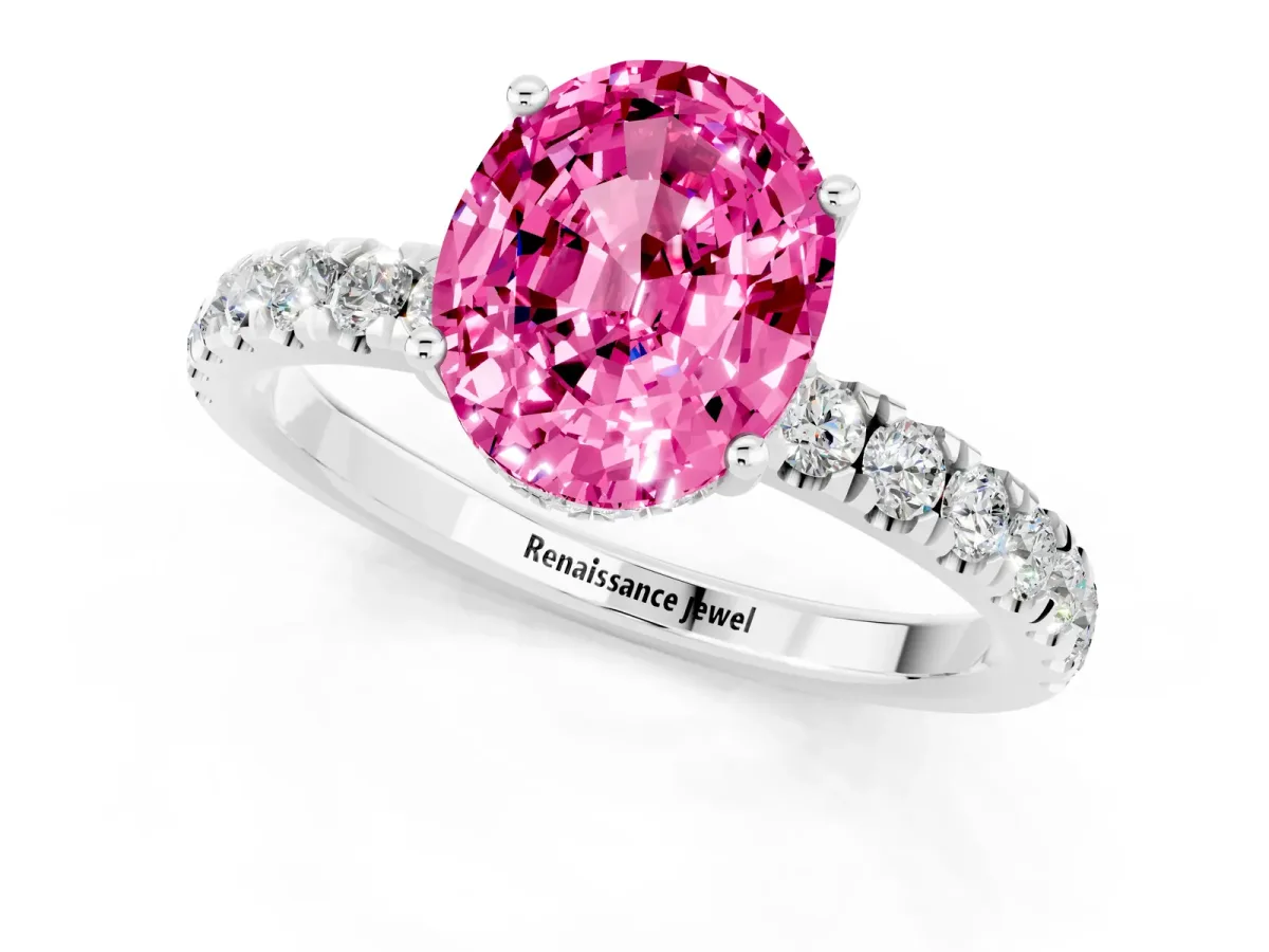 Oval Cut Pink Sapphire Pave Band Solitaire Ring with Round and Prong Setting Platinum