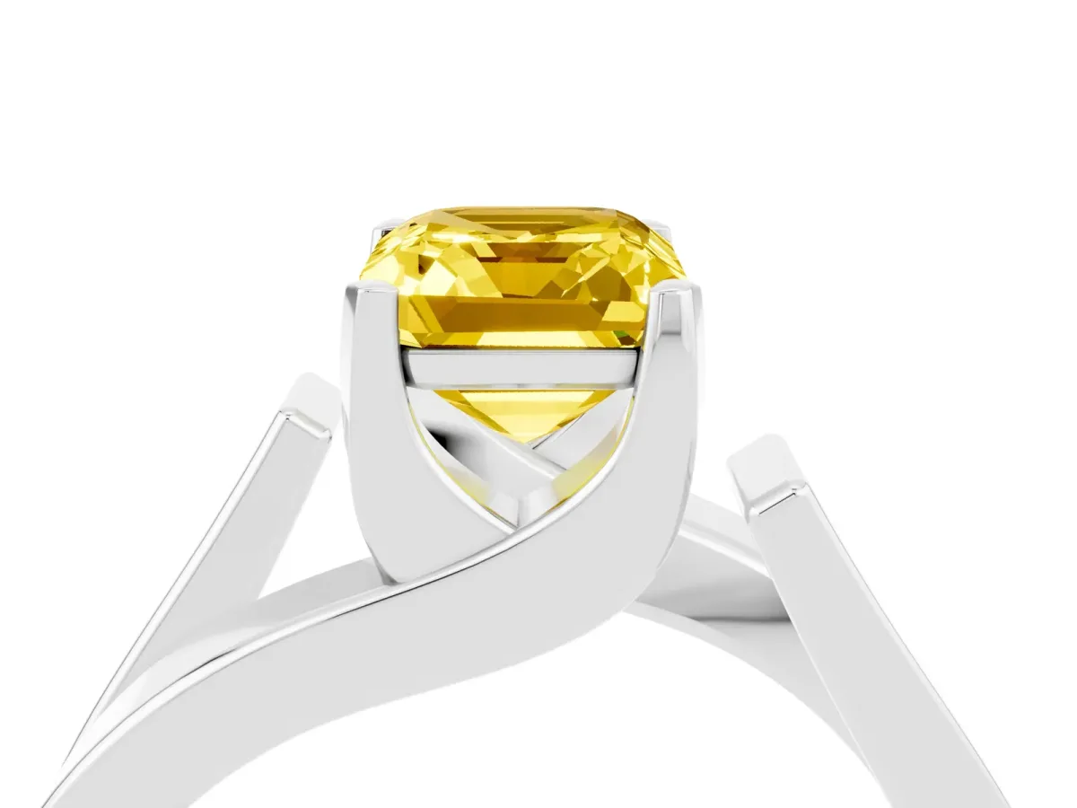 Modern Tension Set Emerald Cut Yellow Sapphire Solitaire Wide Band Ring Silver