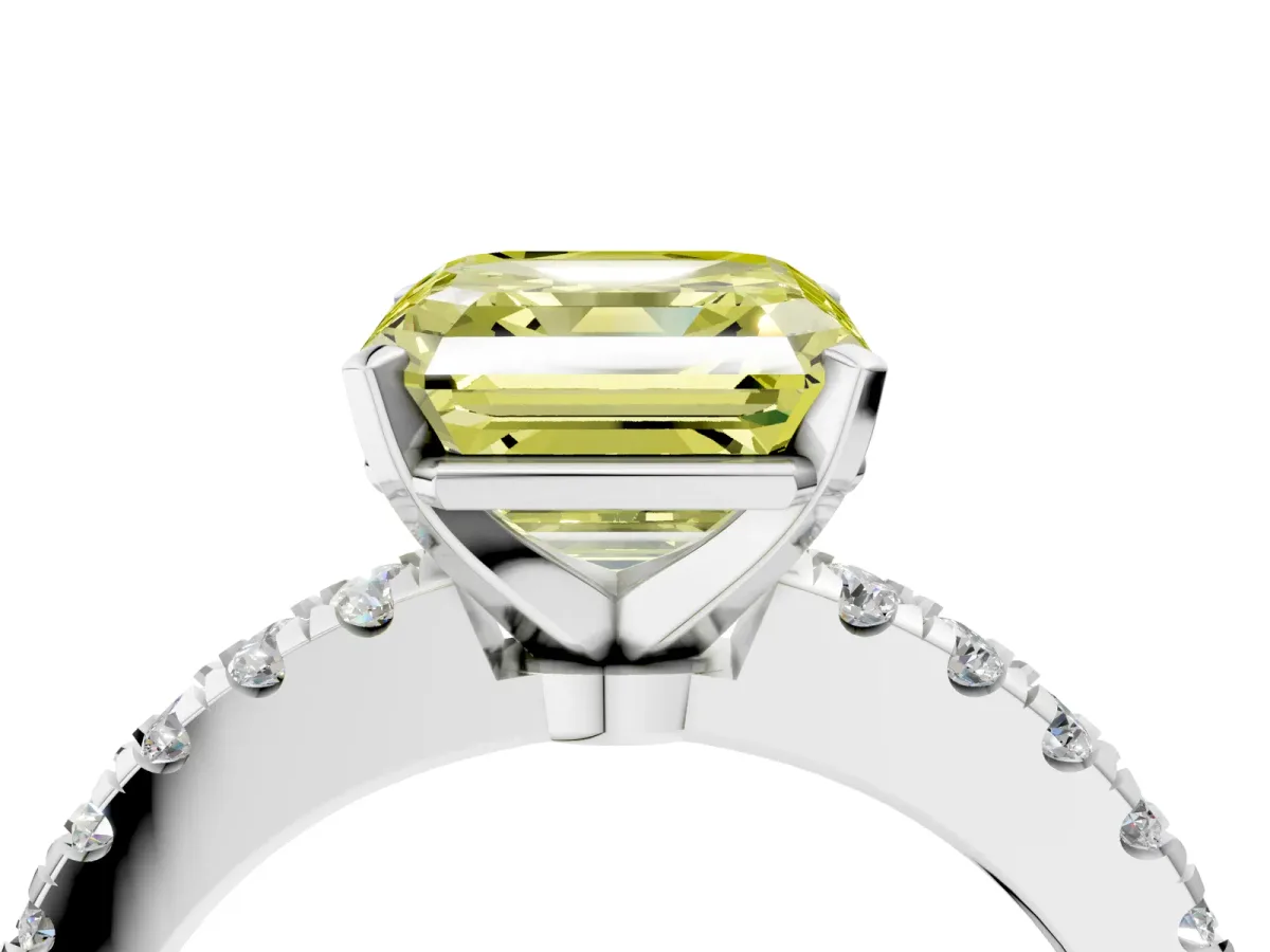 Fancy Yellow Asscher Cut Solitaire Diamond with Pavé Band and Four-Prong Setting Silver