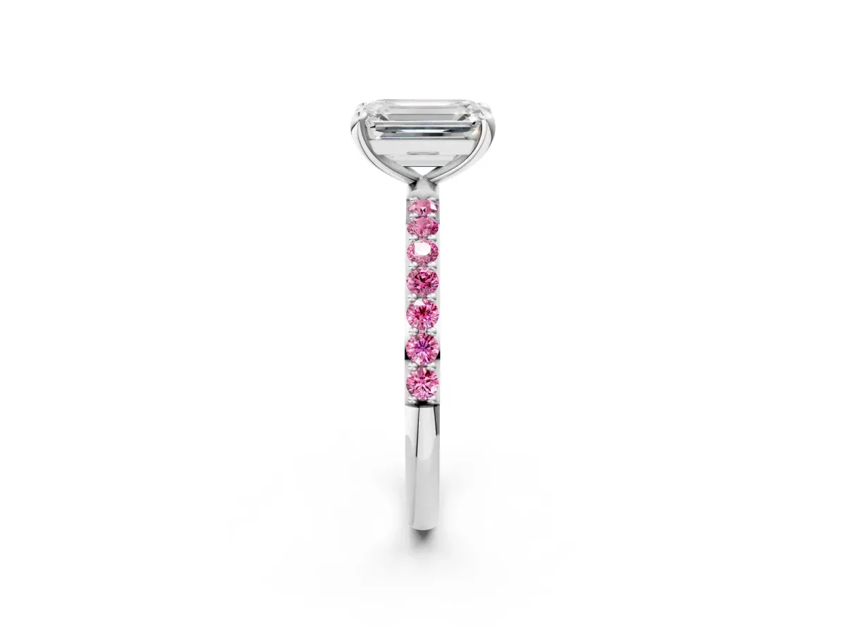 Emerald Cut Diamond Solitaire Ring with Round Pink Sapphire Pavé Band and Prong Setting Silver
