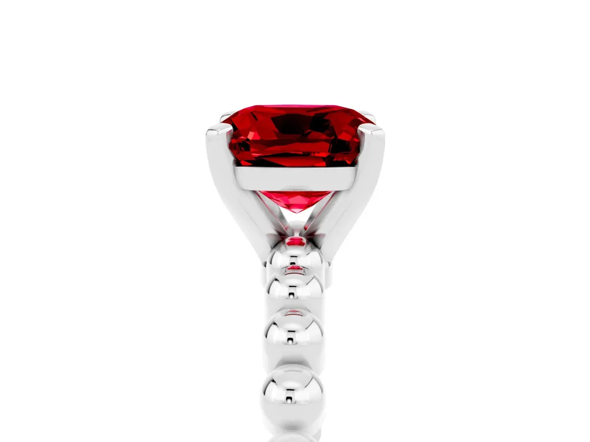 Cushion Cut Ruby Solitaire Ring with Beaded Band and Prong Setting Platinum