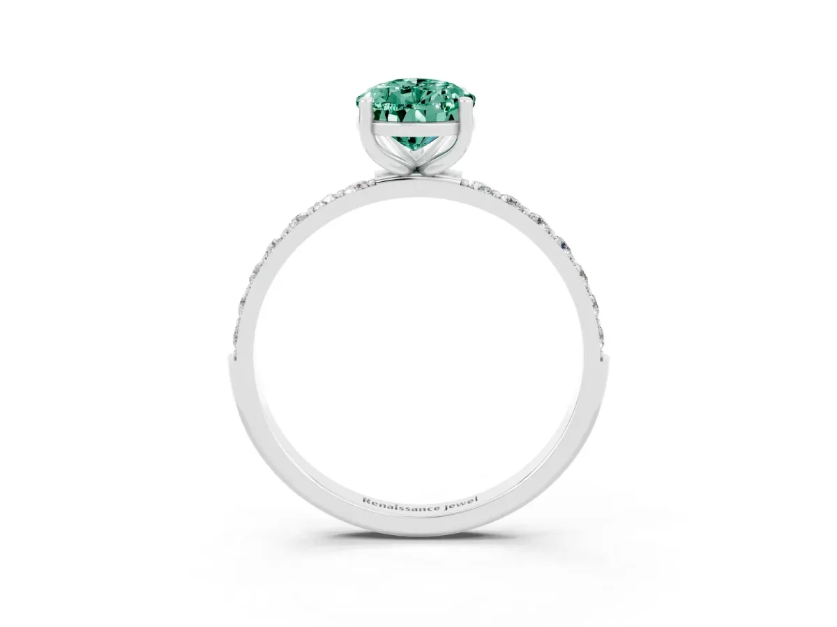 Pear Cut Green Sapphire Solitaire Ring with Round Pavé Band and Prong Setting Silver