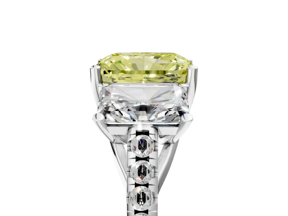 Fancy Yellow Three-Stone Radiant Cut Diamond Ring with Round Pavé Band and Prong Setting Silver