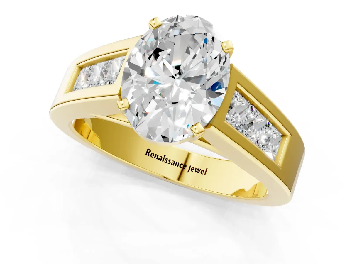 Oval Cut Cut Channel Set Solitaire Ring with Four-Prong Setting Yellow gold