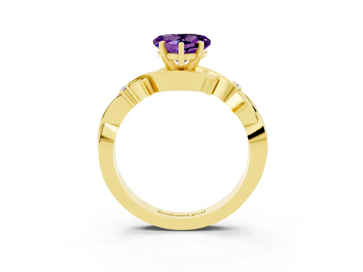 Heart Cut Amethyst Solitaire Ring with Twisted Band and Prong Setting Yellow gold