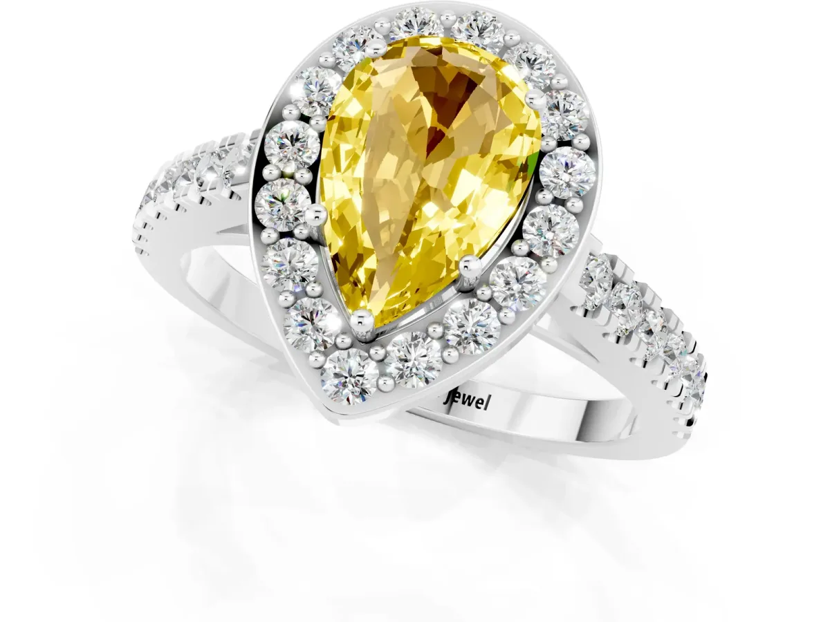Pear Cut Yellow Sapphire Halo Ring with Round Pavé Split Shank and Prong Setting Platinum