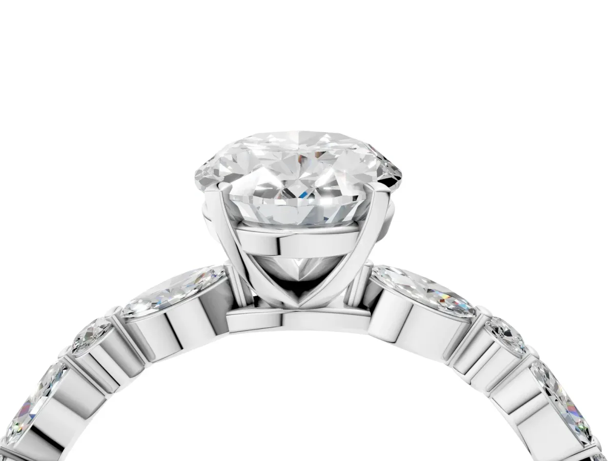 Oval Cut Diamond Ring with Marquise and Round Side Stones and Four-Prong Setting Silver