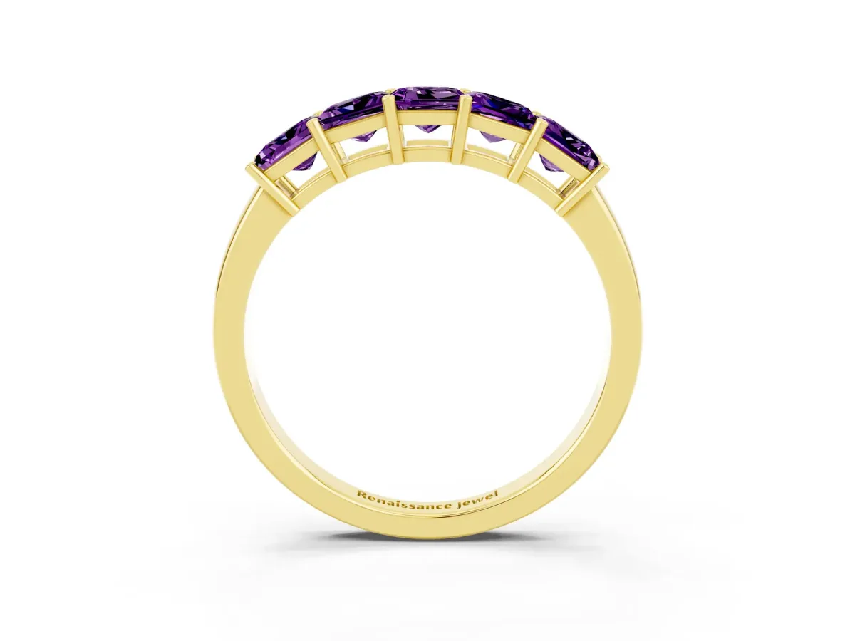 Princess Cut Five-Stone Amethyst Band with Prong Setting Yellow gold