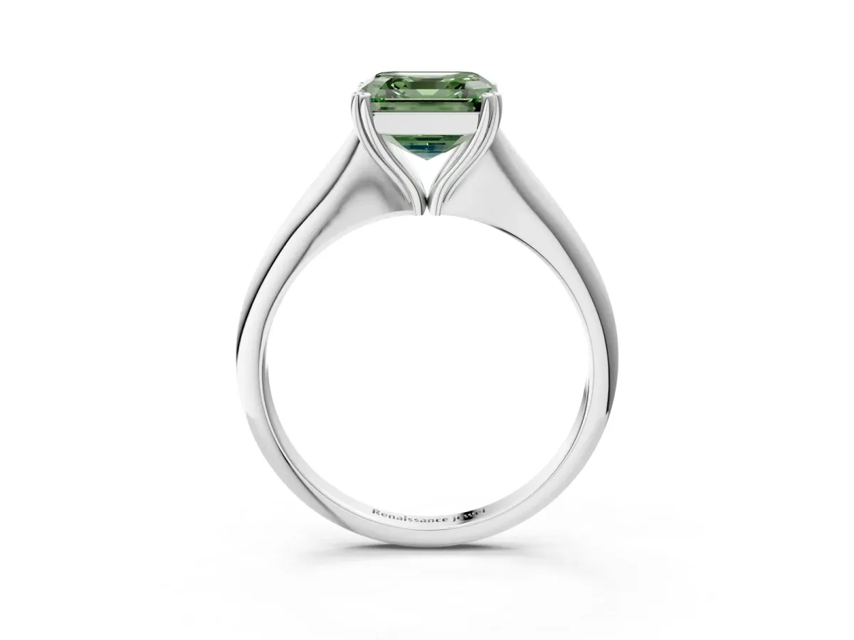 Fancy Green Asscher Cut Solitaire Diamond Ring with Six-Prong Setting and Classic Band Platinum