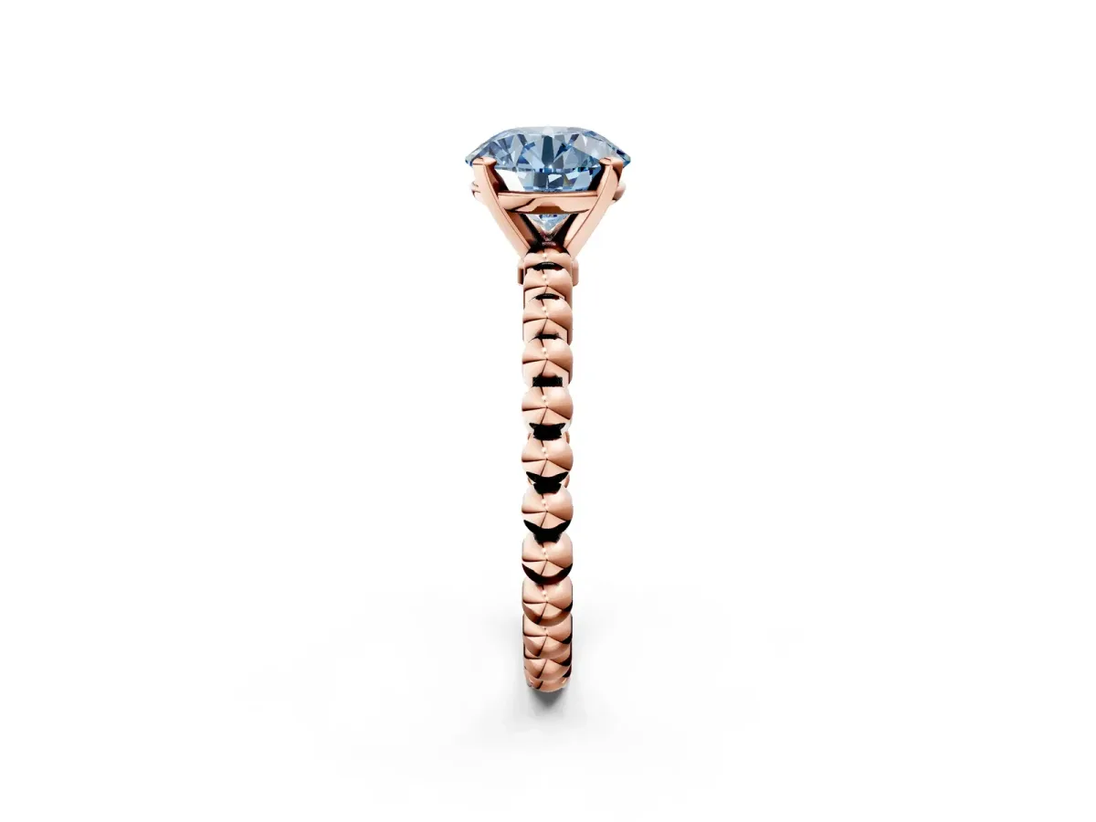 Fancy Blue Round Cut Diamond Solitaire Ring with Beaded Band and Prong Setting Rose gold