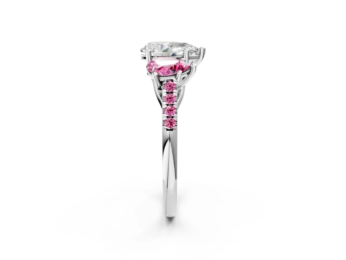 Three-Stone Pear Cut Diamond Ring with Round Pink Sapphire Pavé Band and Prong Setting Silver
