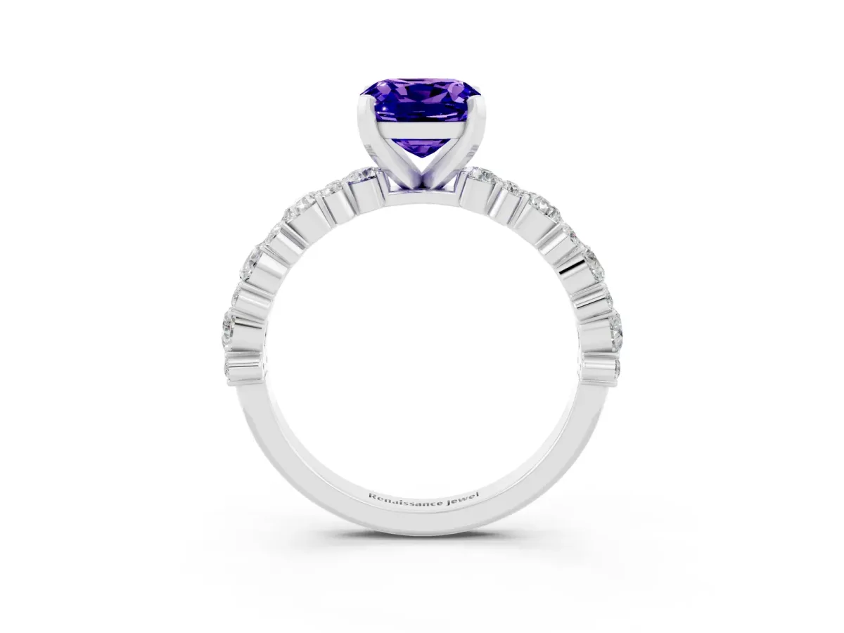 Cushion Cut Tanzanite Side Stone Solitaire Ring with Round and Four-Prong Setting Platinum