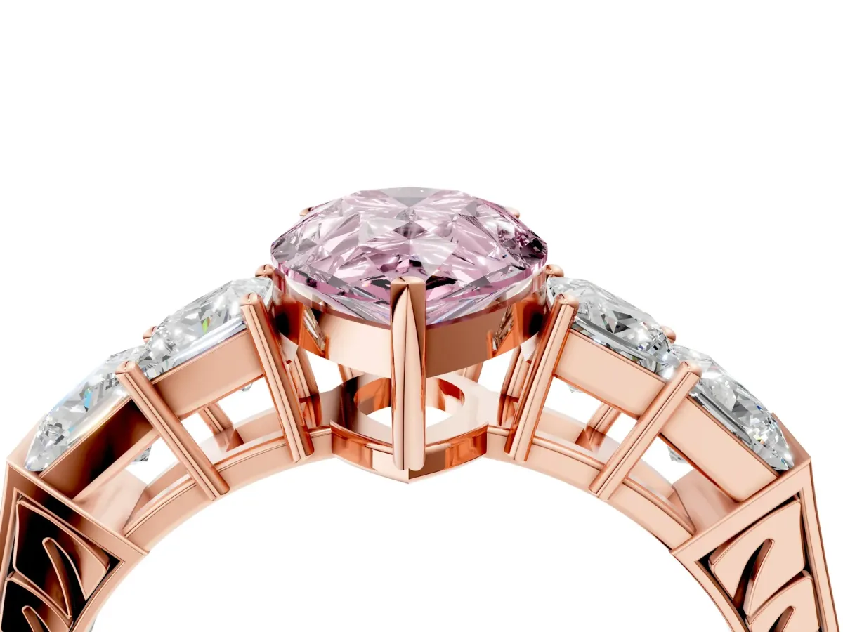 Fancy Pink Pear Cut Solitaire Princess Side Stone Engraved Band Prong Setting Ring Rose gold