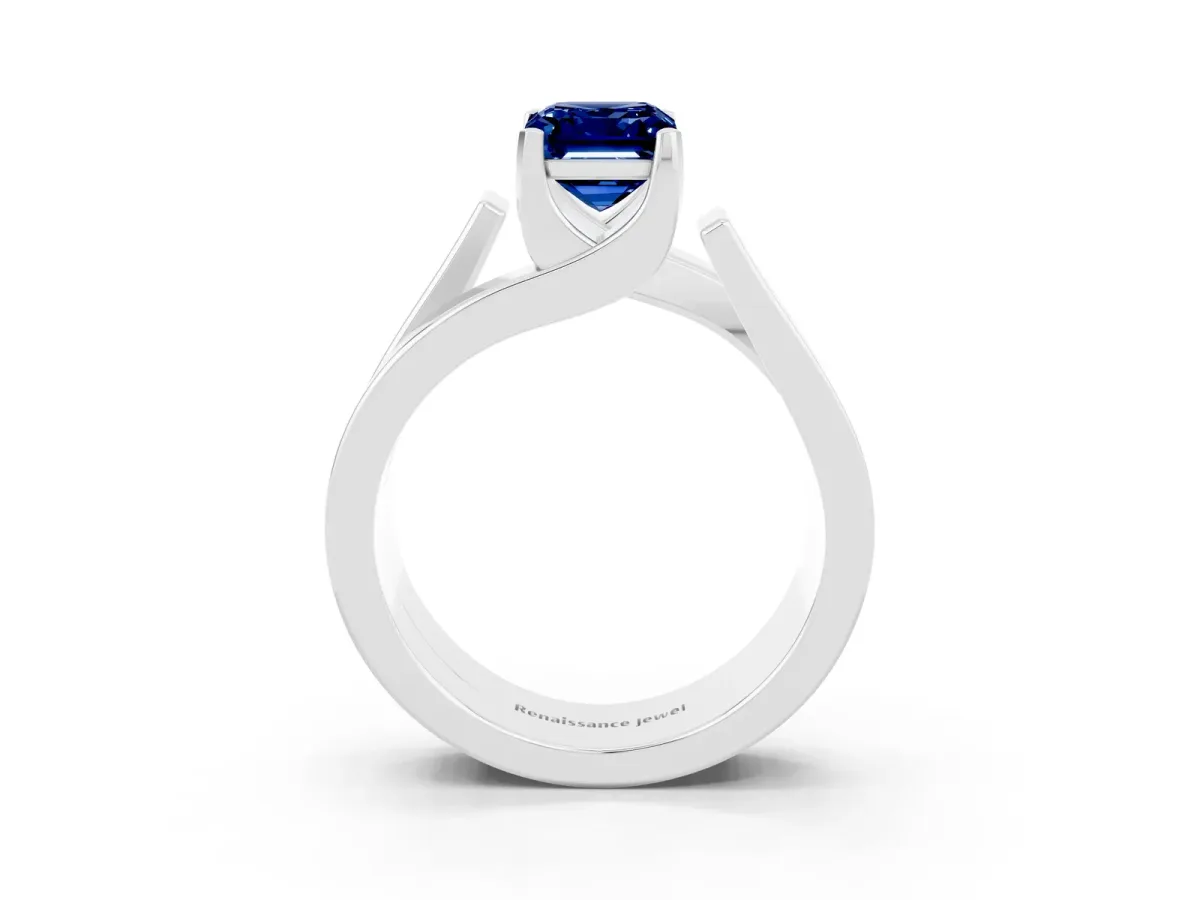 Modern Tension Set Emerald Cut Blue Sapphire Solitaire Wide Band Ring Silver